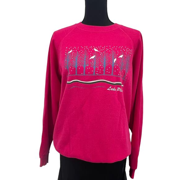 Vintage Hanes Pink Sweatshirt Lake Placid Winter Snow Tree Bird‎ Large - Picture 5 of 5
